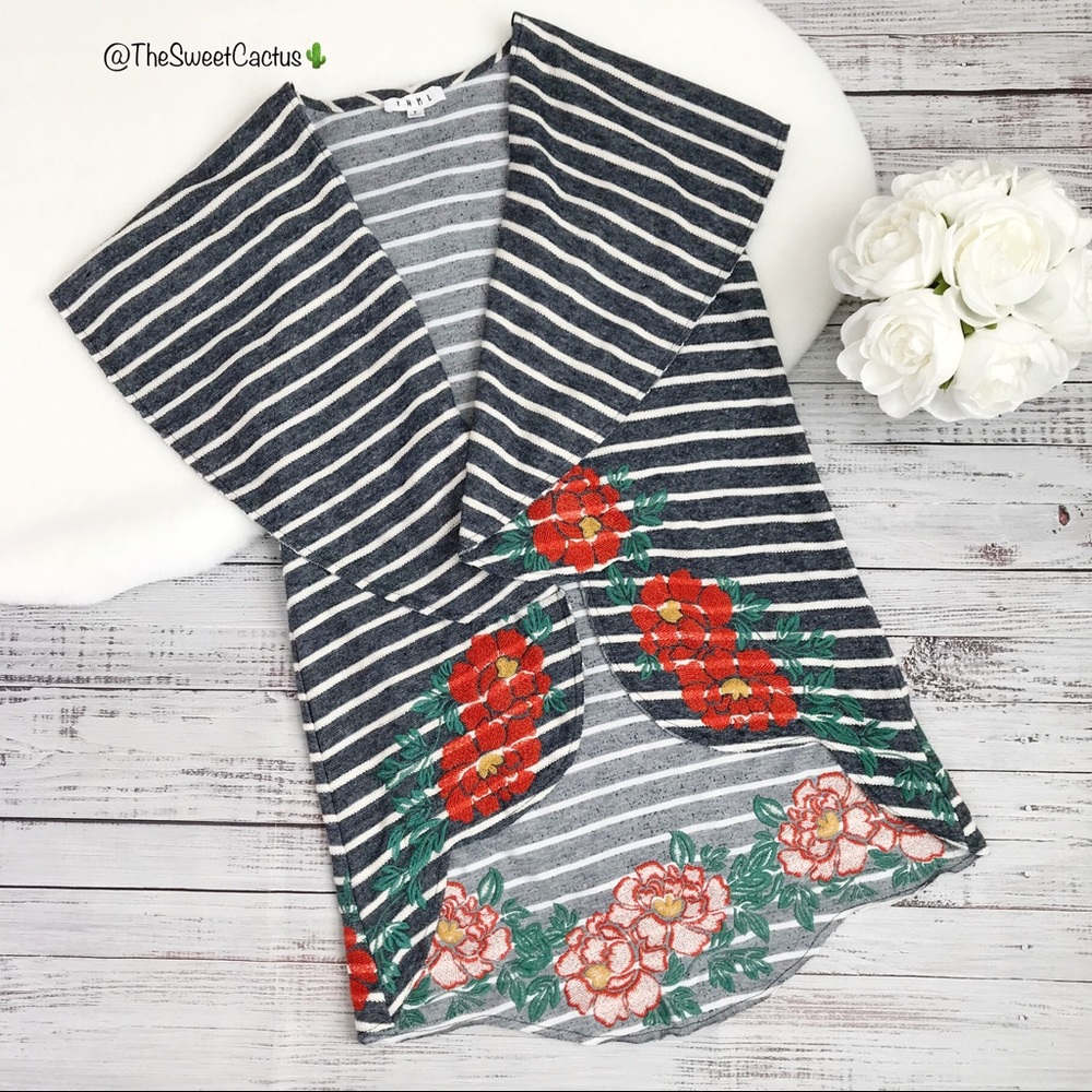 THML Striped Floral Embroidered Draped Cardigan